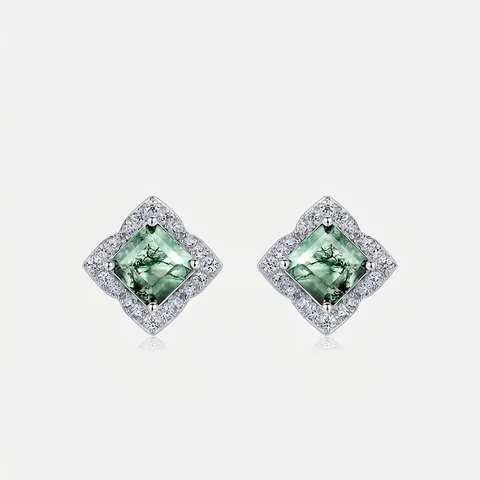 Boucles d'Oreilles Clous en Argent Sterling 925 Agate Mousse Vintage pour Femmes Élégants Bijoux Incrustés de Halo de Zirconia Géométrique Carré