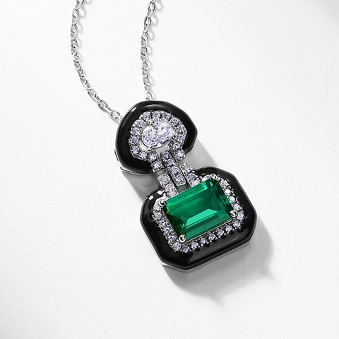Retro S925 Sterling Silver Lab Grown Emerald Necklace Geometric Art Deco Pendant With Zirconia Luxury Jewelry For Women