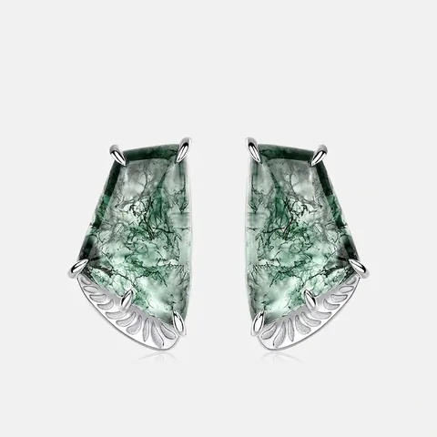 Pendientes De Plata De Ley 925 Con Ágata De Musgo Natural Diseño Geométrico Corte Trapezoidal Estilo Vintage Para Mujeres