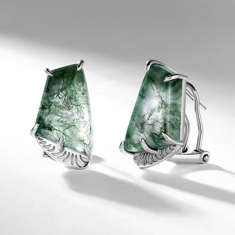 Pendientes De Plata De Ley 925 Con Ágata De Musgo Natural Diseño Geométrico Corte Trapezoidal Estilo Vintage Para Mujeres