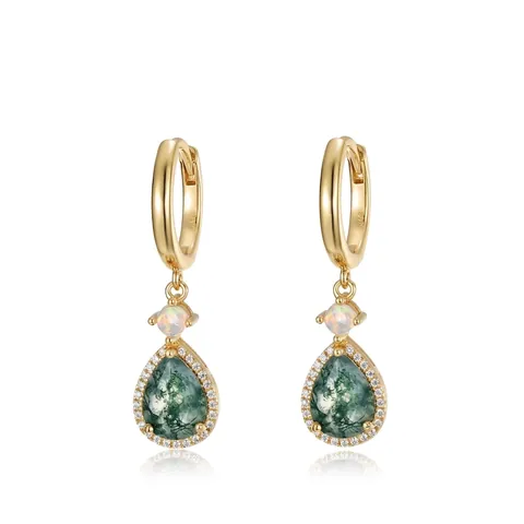 Pendientes Colgantes Gota Ágata Musgo Con Opalo Y Circon Chapado En Oro 925 Plata De Ley Poste Para Mujeres Vintage