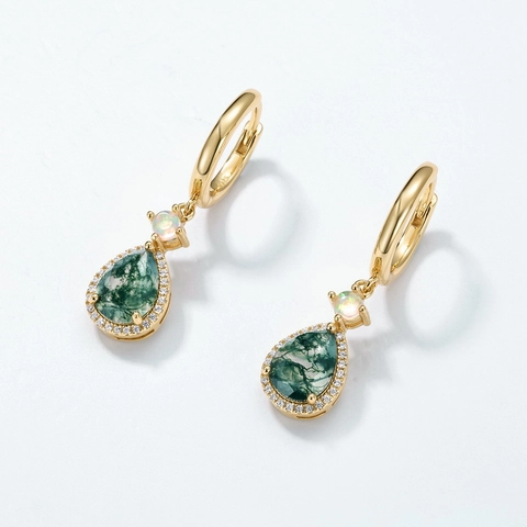 Pendientes Colgantes Gota Ágata Musgo Con Opalo Y Circon Chapado En Oro 925 Plata De Ley Poste Para Mujeres Vintage