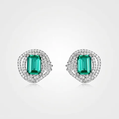 Orecchini a Bottone in Argento Sterling 925 con Smeraldo di Laboratorio Geometrico Strass Pavé Elegante Gioielli Donna