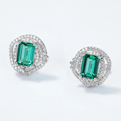 Orecchini a Bottone in Argento Sterling 925 con Smeraldo di Laboratorio Geometrico Strass Pavé Elegante Gioielli Donna