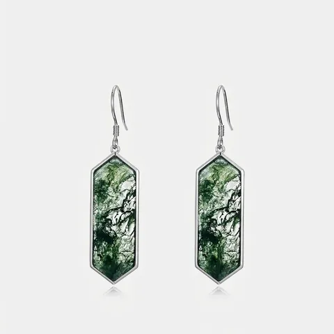 Orecchini Pendenti in Argento Sterling 925 con Agata Muschio Esagonale per Donna Gioielli Geometrici con Pietra Naturale