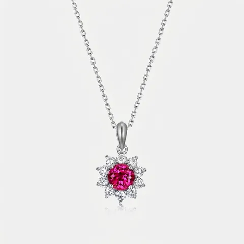 Collana con Ciondolo a Girasole in Argento Sterling 925 con Rubino Creato in Laboratorio Lussuoso Gioiello con Fiori per Donna