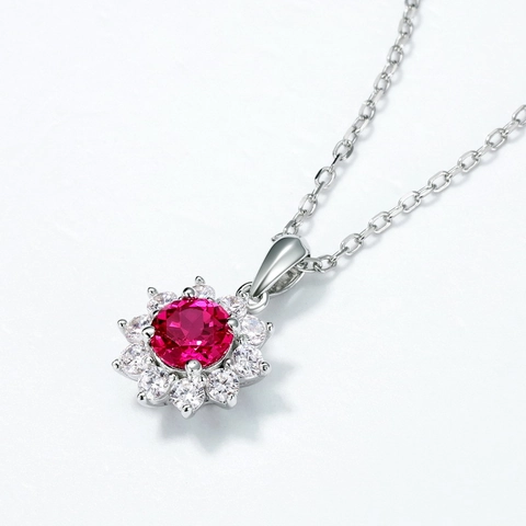 Collana con Ciondolo a Girasole in Argento Sterling 925 con Rubino Creato in Laboratorio Lussuoso Gioiello con Fiori per Donna