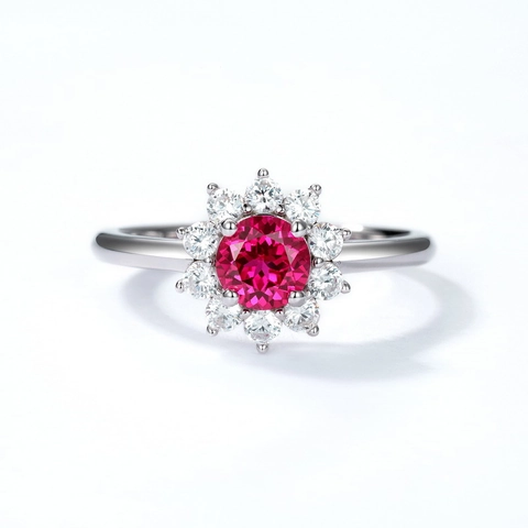 Luxe 925 Sterling Zilver Lab Grown Robijn Zonnebloem Ring Elegante Halo Bloemen Cluster Statement Ring Vrouwen Sieraden