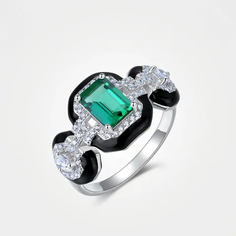 Vintage 925 Sterling Silver Lab-Grown Emerald Ring For Women Zirconia Enamel Geometric Art Deco Luxury Jewelry Ring