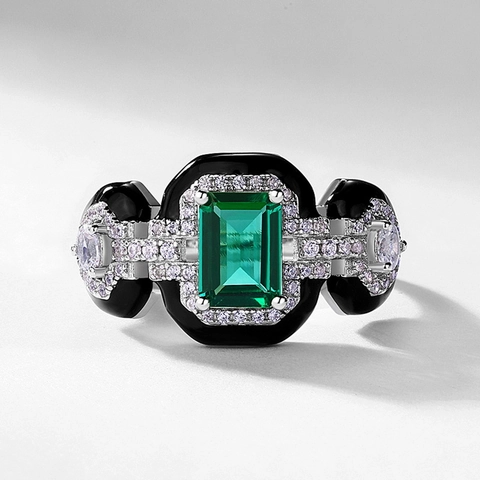 Vintage 925 Sterling Silver Lab-Grown Emerald Ring For Women Zirconia Enamel Geometric Art Deco Luxury Jewelry Ring
