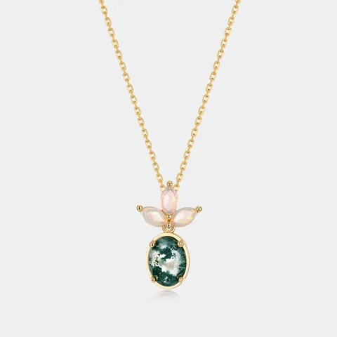 925 Sterlingsilber Moosachat Blumen Anhänger Halskette Für Damen Vintage Natur Künstlicher Opal Eingelegt Gold Plattiert Schmuck