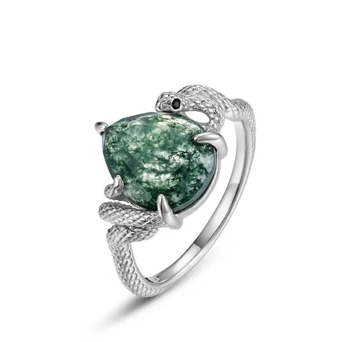 S925 Sterlingsilber Schlange Ring Für Damen Vintage Moosachat Eingelegt Birne Tropfen Fingerring Luxus Retro Tier Schmuck