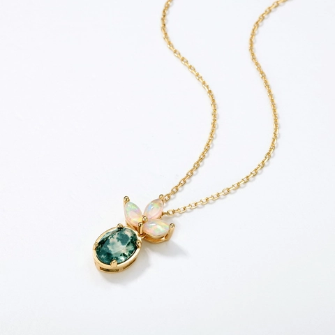 925 Sterlingsilber Moosachat Blumen Anhänger Halskette Für Damen Vintage Natur Künstlicher Opal Eingelegt Gold Plattiert Schmuck
