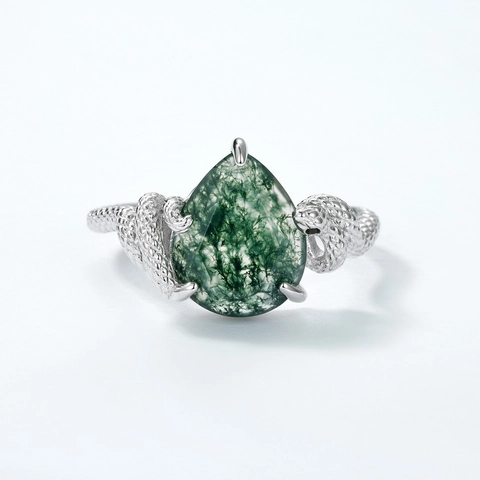S925 Sterlingsilber Schlange Ring Für Damen Vintage Moosachat Eingelegt Birne Tropfen Fingerring Luxus Retro Tier Schmuck