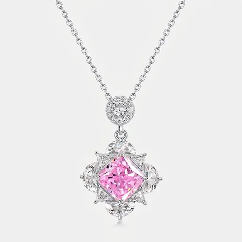 Lussuosa Collana Con Ciondolo in Argento Sterling 925 Zirconia Taglio Fiore di Ghiaccio Quadrata Per Donna Elegante Gioiello Geometrico Floreale