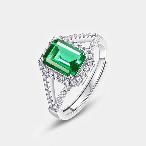 Luxury 925 Sterling Silver 1.25ct Lab-Grown Emerald Ring For Women Vintage Halo Emerald Cut Zirconia Open Adjustable Jewelry Gift