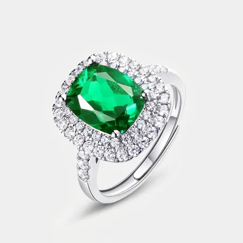 S925 Sterlingsilber Laborgezüchteter Smaragd Ring Für Damen Luxuriös Doppel Halo Strass Verstellbarer Fingerring Schmuck