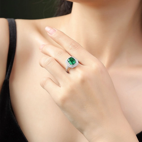 S925 Sterlingsilber Laborgezüchteter Smaragd Ring Für Damen Luxuriös Doppel Halo Strass Verstellbarer Fingerring Schmuck
