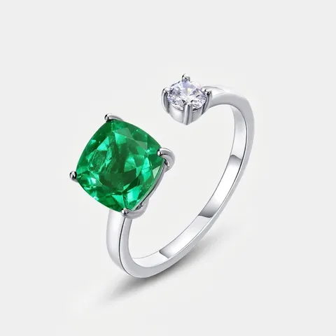 925 Sterling Silver Lab-Created Emerald Open Ring For Women Minimalist Square Green Gemstone Zirconia Adjustable Finger Ring
