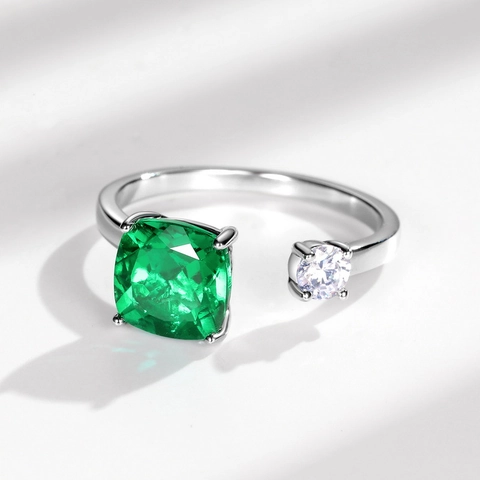 925 Sterling Silver Lab-Created Emerald Open Ring For Women Minimalist Square Green Gemstone Zirconia Adjustable Finger Ring