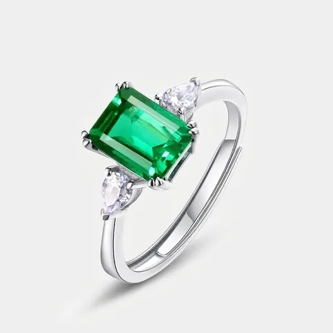 Bague en Argent Sterling 925 avec Émeraude de Laboratoire Simple Carré Princesse Gemme Verte Bague Ajustable pour Femme Bijoux