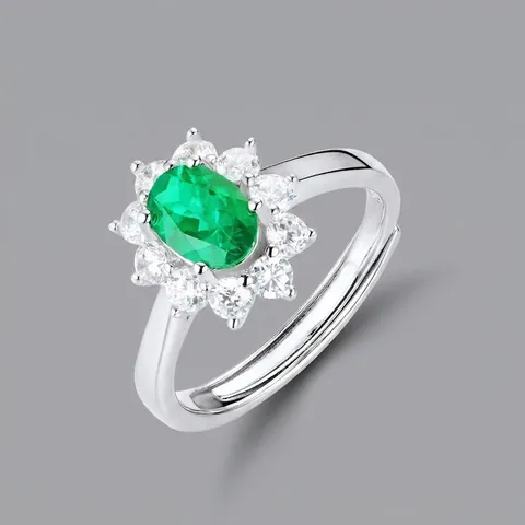 925 Sterling Silver Oval Lab-Created Emerald Ring For Women Luxury Rhinestone Halo Open Adjustable Finger Ring Jewelry