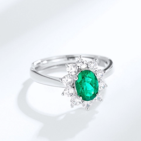 925 Sterling Silver Oval Lab-Created Emerald Ring For Women Luxury Rhinestone Halo Open Adjustable Finger Ring Jewelry