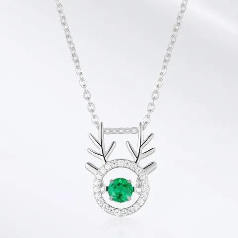 Collar con Colgante de Asta de Ciervo de Plata de Ley 925 Esmeralda Creada en Laboratorio Piedra Móvil Joyería de Moda para Mujer