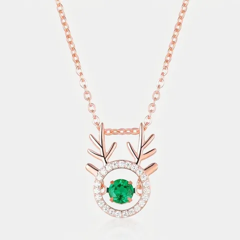 Collar con Colgante de Asta de Ciervo de Plata de Ley 925 Esmeralda Creada en Laboratorio Piedra Móvil Joyería de Moda para Mujer