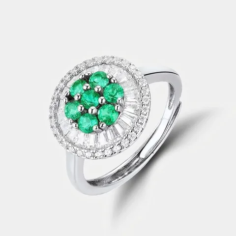 Luxury 925 Sterling Silver Lab-Created Emerald Ring For Women Adjustable Vintage Sunflower Halo Rhinestone Cluster Ring