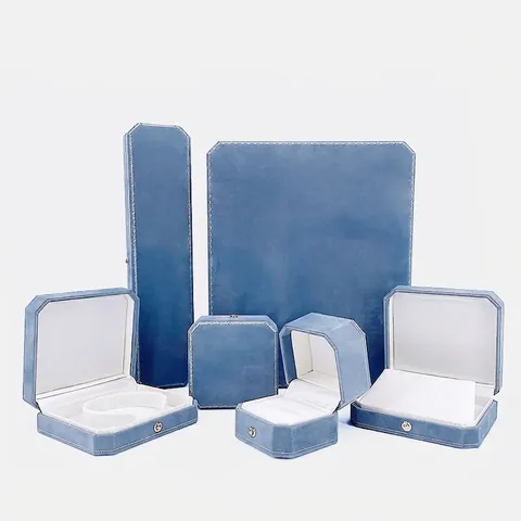 Luxury Octagonal Velvet Jewelry Box With Gold Metal Clasp Blue Jewelry Display Case For Ring Necklace Bracelet Packaging Case