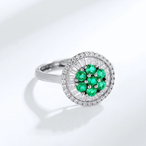 Luxury 925 Sterling Silver Lab-Created Emerald Ring For Women Adjustable Vintage Sunflower Halo Rhinestone Cluster Ring