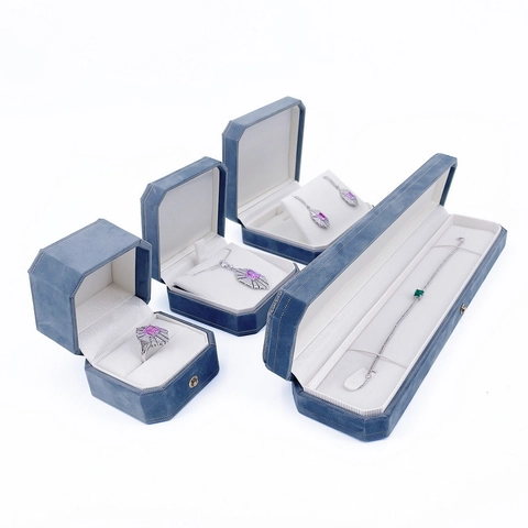 Luxury Octagonal Velvet Jewelry Box With Gold Metal Clasp Blue Jewelry Display Case For Ring Necklace Bracelet Packaging Case