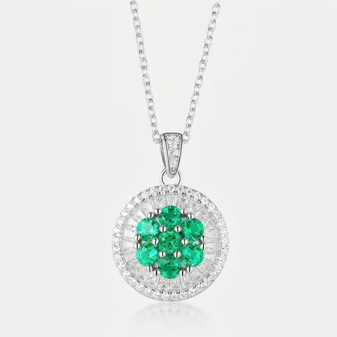 Lussuosa Collana Con Pendente in Argento Sterling S925 Smeraldo Creato in Laboratorio Tondo Fiore Strass Gioielli per Donna Matrimonio Banchetto