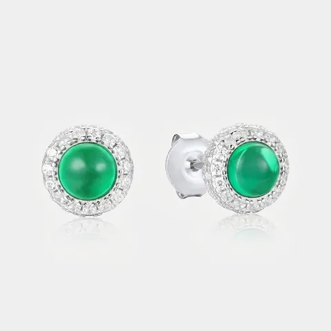 Boucles d'Oreilles Clous en Argent Sterling 925 pour Femmes Émeraude de Culture en Laboratoire Ronde Incrustée de Strass Halo Bijoux