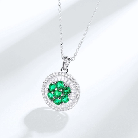Lussuosa Collana Con Pendente in Argento Sterling S925 Smeraldo Creato in Laboratorio Tondo Fiore Strass Gioielli per Donna Matrimonio Banchetto