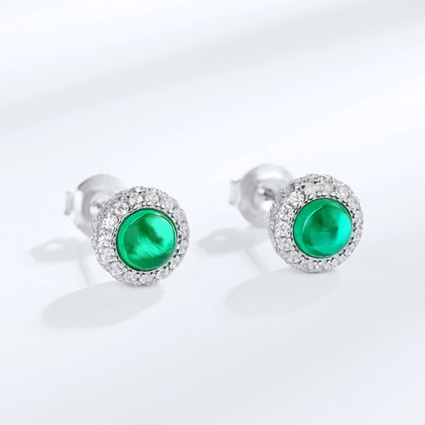 Boucles d'Oreilles Clous en Argent Sterling 925 pour Femmes Émeraude de Culture en Laboratoire Ronde Incrustée de Strass Halo Bijoux