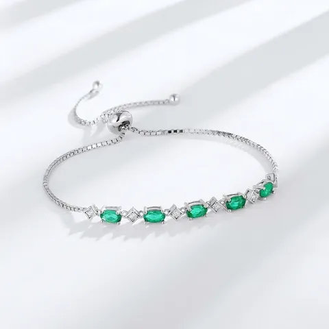 925 Sterlingsilber Labor Geklärter Smaragd Verstellbares Armband Für Damen Grüne Ovale Edelstein Inlay Elegante Mode Schmuck