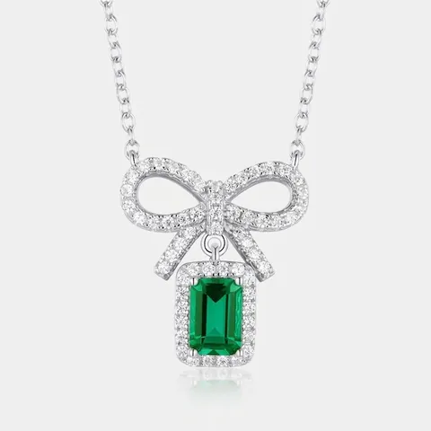 Elegante 925 Sterlingsilber Schleife Anhänger Halskette Mit Laborgezüchtetem Smaragd Grünem Edelstein Für Damen Mode Schmuck