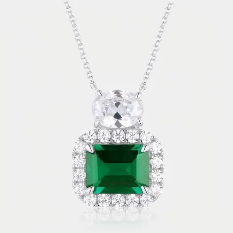 Lab-Created Emerald Pendant Necklace For Women 925 Sterling Silver Zirconia Halo Geometric Luxurious Engagement Jewelry Gift