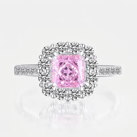 Lussuoso Anello in Argento Sterling 925 con Zirconia Rosa Quadrata Elegante Design Halo Intarsiato Geometrico per Donna Gioielli