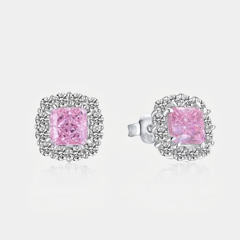 Orecchini a Bottone Halo in Argento Sterling 925 con Zirconia Rosa Design Quadrato per Donna Gioielli Eleganti