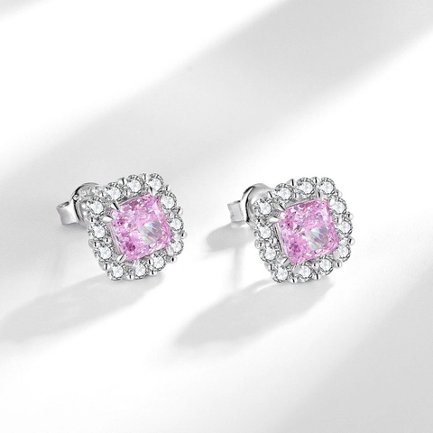 Orecchini a Bottone Halo in Argento Sterling 925 con Zirconia Rosa Design Quadrato per Donna Gioielli Eleganti