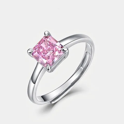 S925 Sterlingsilber Rosa Zirkonia Offener Ring Für Damen Mode Quadratisch Eisfiederschnitt High Carbon Diamant Verstellbarer Ring Schmuck