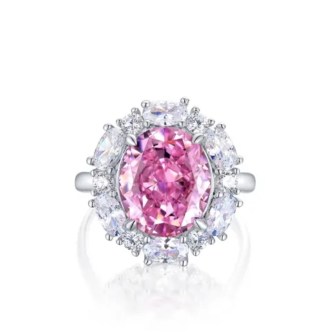 S925 Sterling Silver Pink Oval Rhinestone Cluster Ring For Women Elegant Luxury Sunflower Shape Halo Finger Ring Jewelry Gift