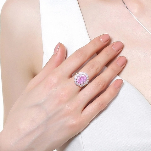 S925 Sterling Silver Pink Oval Rhinestone Cluster Ring For Women Elegant Luxury Sunflower Shape Halo Finger Ring Jewelry Gift