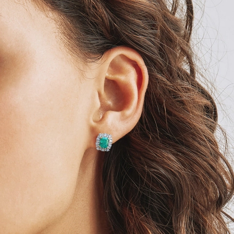 Pendientes de Botón de Plata de Ley 925 Vintage Con Circonia Verde Corte Esmeralda para Mujer Chapado en Oro 18K Strass