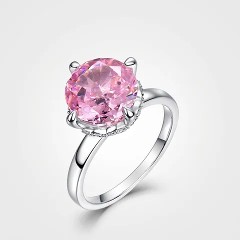925 Sterling Zilveren Roze Strass Ring Voor Vrouwen Elegante Ronde Snee Grote Steen Kroon Ingelegde Verlovingssieraden