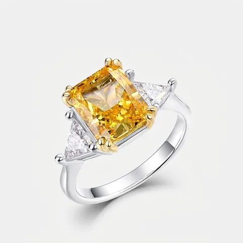 925 Sterling Silver Radiant Cut Yellow Zirconia Ring For Women Luxury Three Stone Geometric Inlaid High Carbon Diamond Jewelry