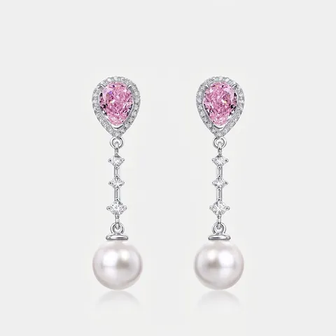S925 Sterling Silver Pink Pear Cut Zirconia Drop Earrings With Artificial Pearl Dangle Earrings For Women Wedding Jewelry